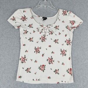 rue21 Top Women Large White Floral Ribbed Knit Fitted Short Sleeve Lace Up Front
